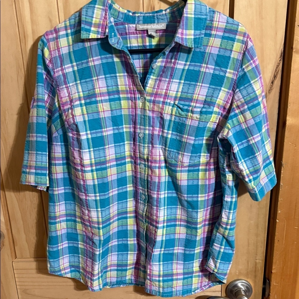Woman Within Teal, Purple & Yellow Plaid Short-Sleeve Button Shirt